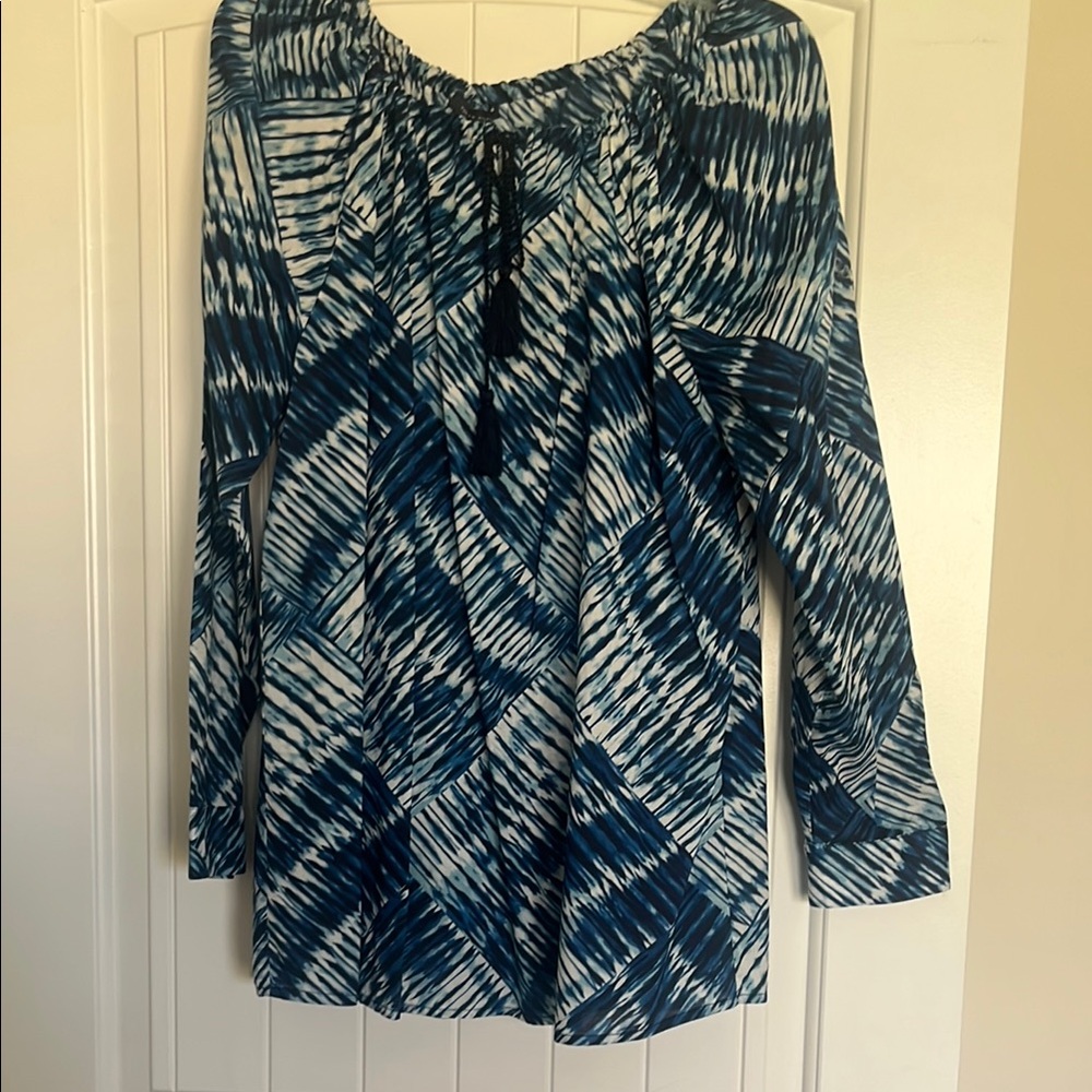 Tommy Hilfiger Blue and White Long Sleeve Tie Front Blouse